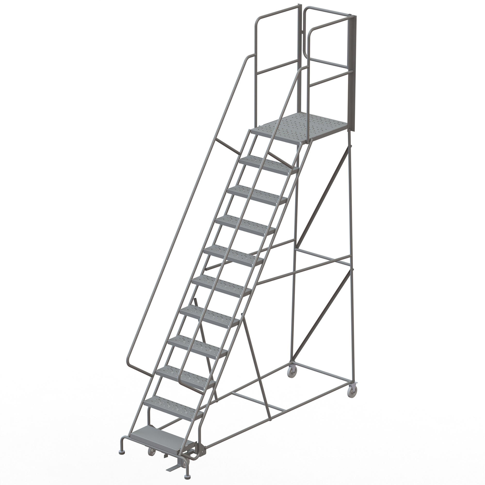 Tri-Arc 11-Step Steel Rolling Ladder with Perforated Steps and Rear Exit Gate, Gray, 24in.W x 30in.D Platform, 450-Lb. Capacity, Model# KDSR111246-XR